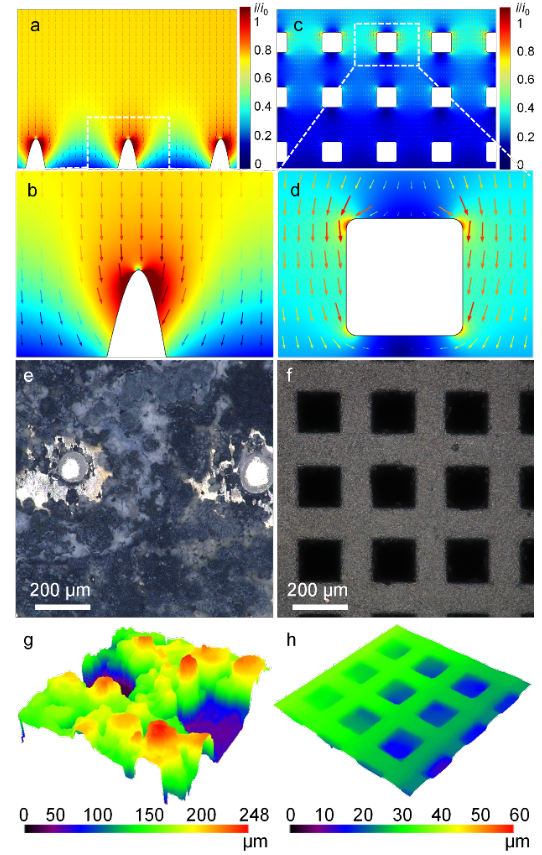 2D Ni-Zn、3D Ni-Zn電極的電解液中電流密度分布仿真以及循環后的超景深顯微鏡圖片和相應高度云圖